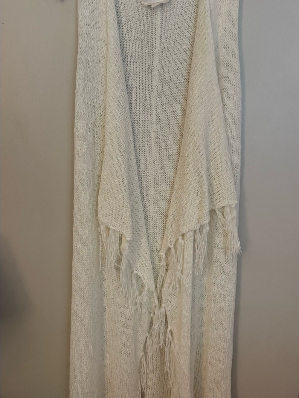 Cream Open-Front Fringe Knit Tunic